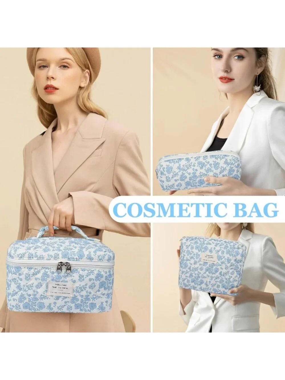 3pc Floral Makeup Bag Set - Quilted Cosmetic Organizer for Travel & Toiletries
